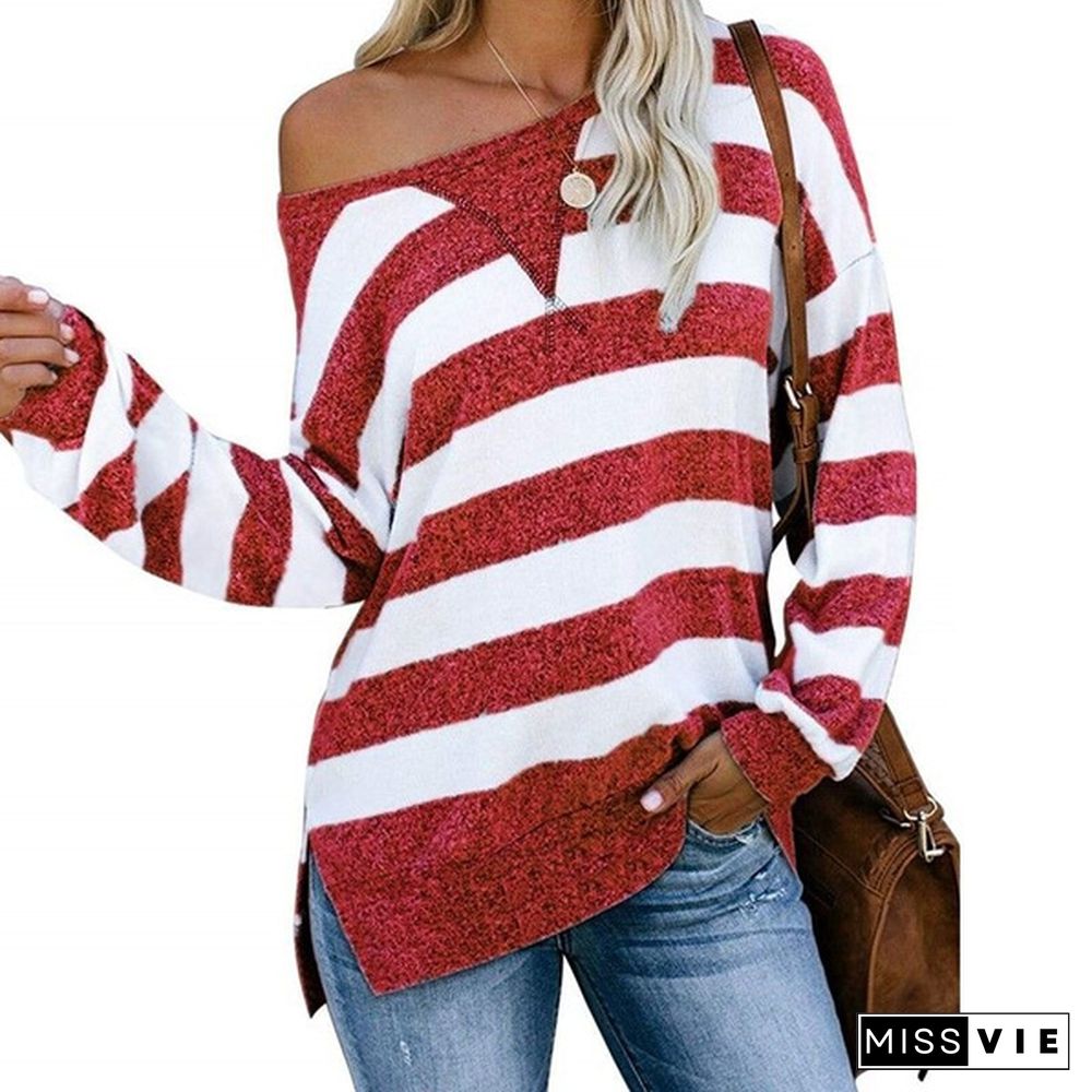 New Women Fashion Long Sleeve O Neck Striped Loose Plus Size Spring Pullover T-shirt Blouse