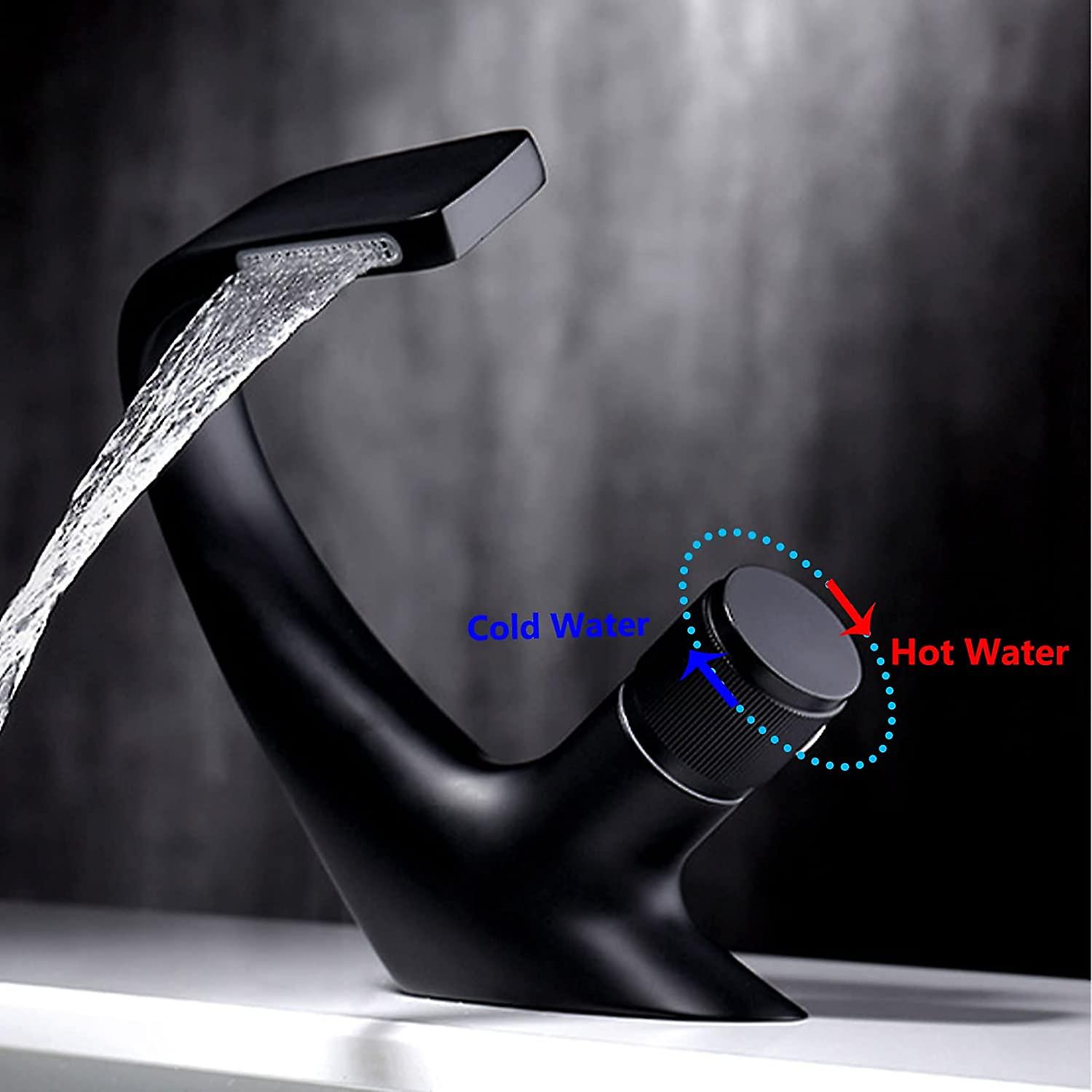 Bathroom Sink Faucet Matte Black Bathroom Sink Faucet， Modern Waterfall Bathroom Faucet， Single Hole Basin Faucet， Hot And Cold Basin Mixer Tap With 2