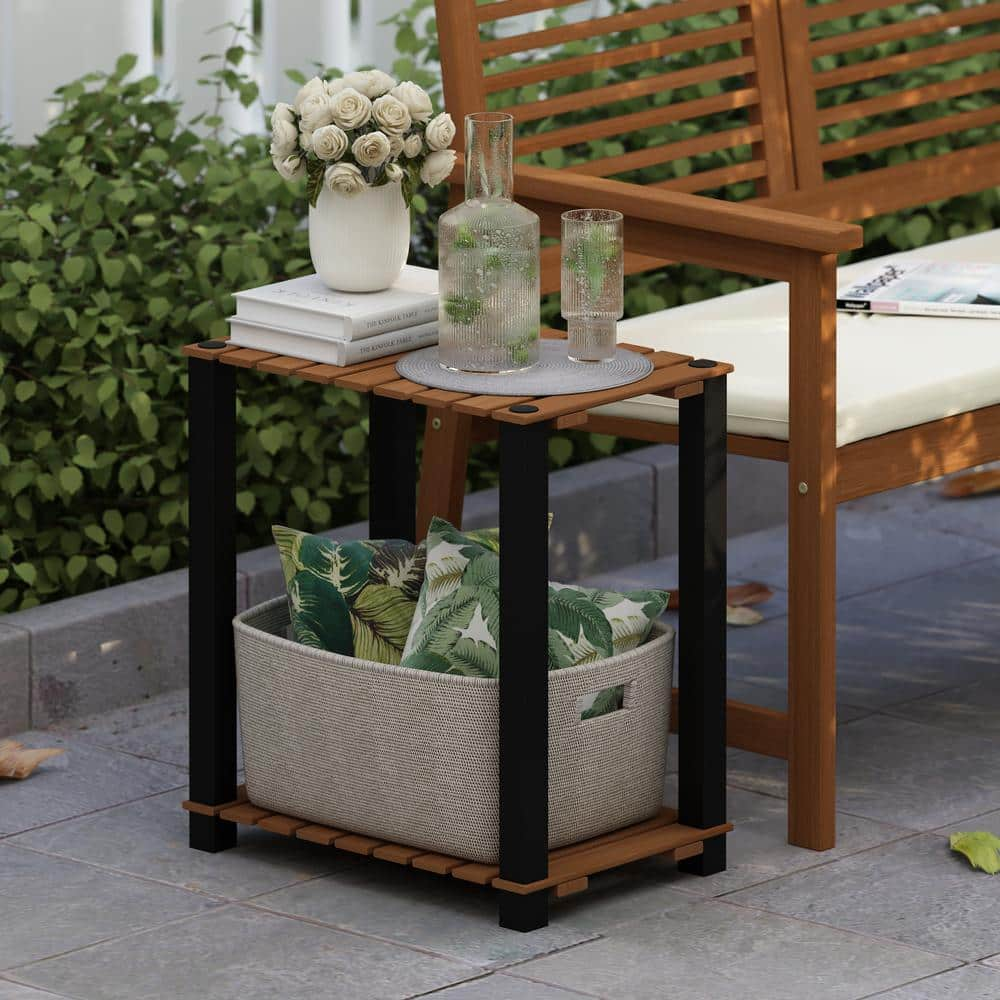 Furinno Pangkor 19.7 in. H x 17.7 in. W x 11.8 in. D Outdoor Natural Wood Plant Stand Potted Plant Shelf 2-Tier 22362FGBK