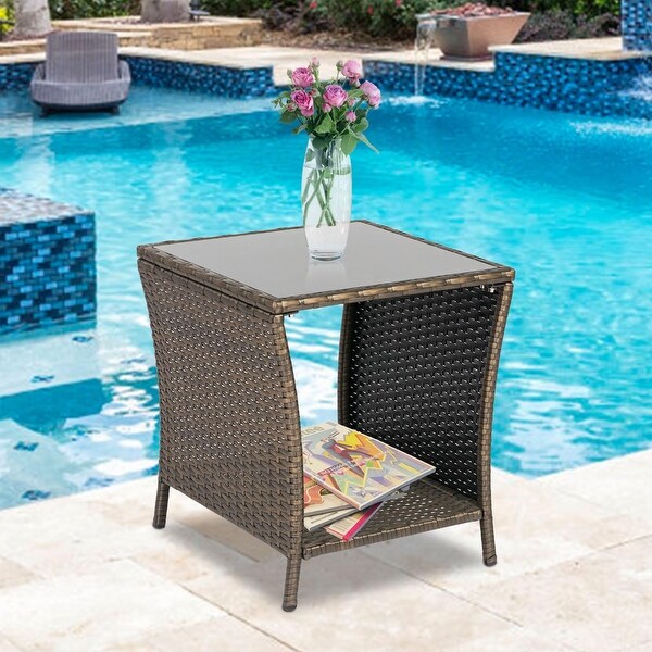 Patio Wicker Table，Outdoor Rattan Side Table，Coffee Table w/ Storage Tempered Glass Top Bistro Table，Brown