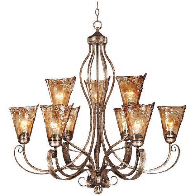 Wide Rustic Art Glass 9 light Fixture For Dining Room House Kitchen Island