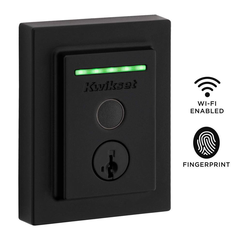 Kwikset Halo Touch Matte Black CNT Fingerprint WiFi Elec Smart Lock Deadbolt Feat SmartKey Security with San Clemente Handleset 959815SCEHFL514