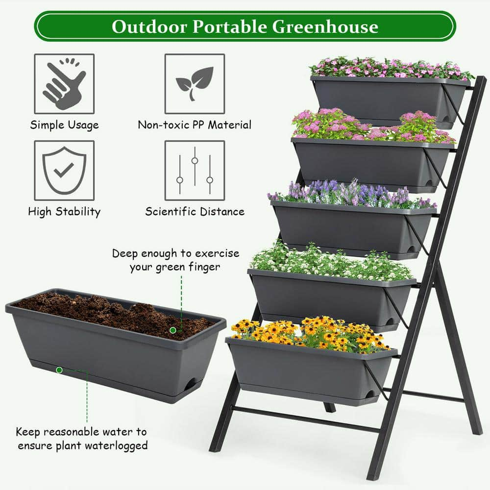 Costway 22.5 in. L x 27 in. W x 45 in. H Black Plastic Vertical Raised Bed 5-Tier GHM0188