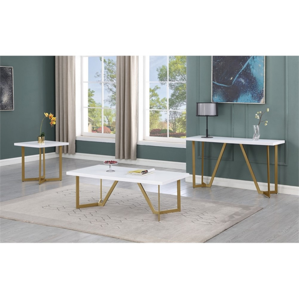 3pc White Wood Coffee Table Set with Gold Painted Legs   Contemporary   Coffee Table Sets   by Homesquare  Houzz