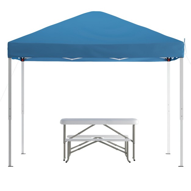 Emma And Oliver Portable Tailgate Camping Or Event Set With White Pop Up Event Canopy Tent With Carry Bag And Folding Table With Benches Set