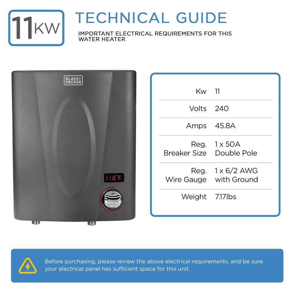 BLACK+DECKER 11 kW 1.99 GPM Residential Electric Tankless Water Heater Ideal for 1 Shower or Up to 2 Simultaneous applications BD-11HD