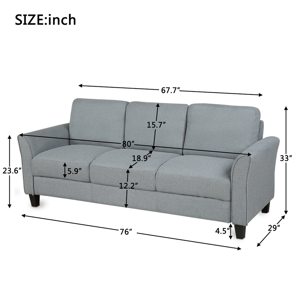 3 Seat Sofa Linen Fabric Upholstered Track Arms Couch with 2 Pillows and Hardwood Frame for Living Room  Need Simple Assembly