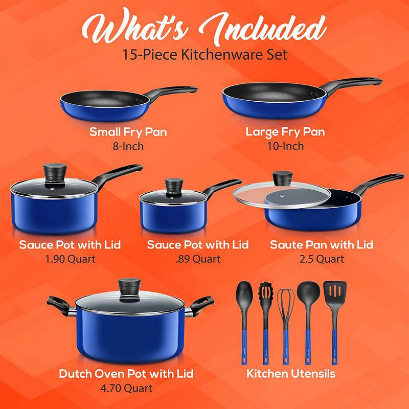 SereneLife 15 Piece Pots and Pans Non Stick Chef Kitchenware Cookware Set， Blue