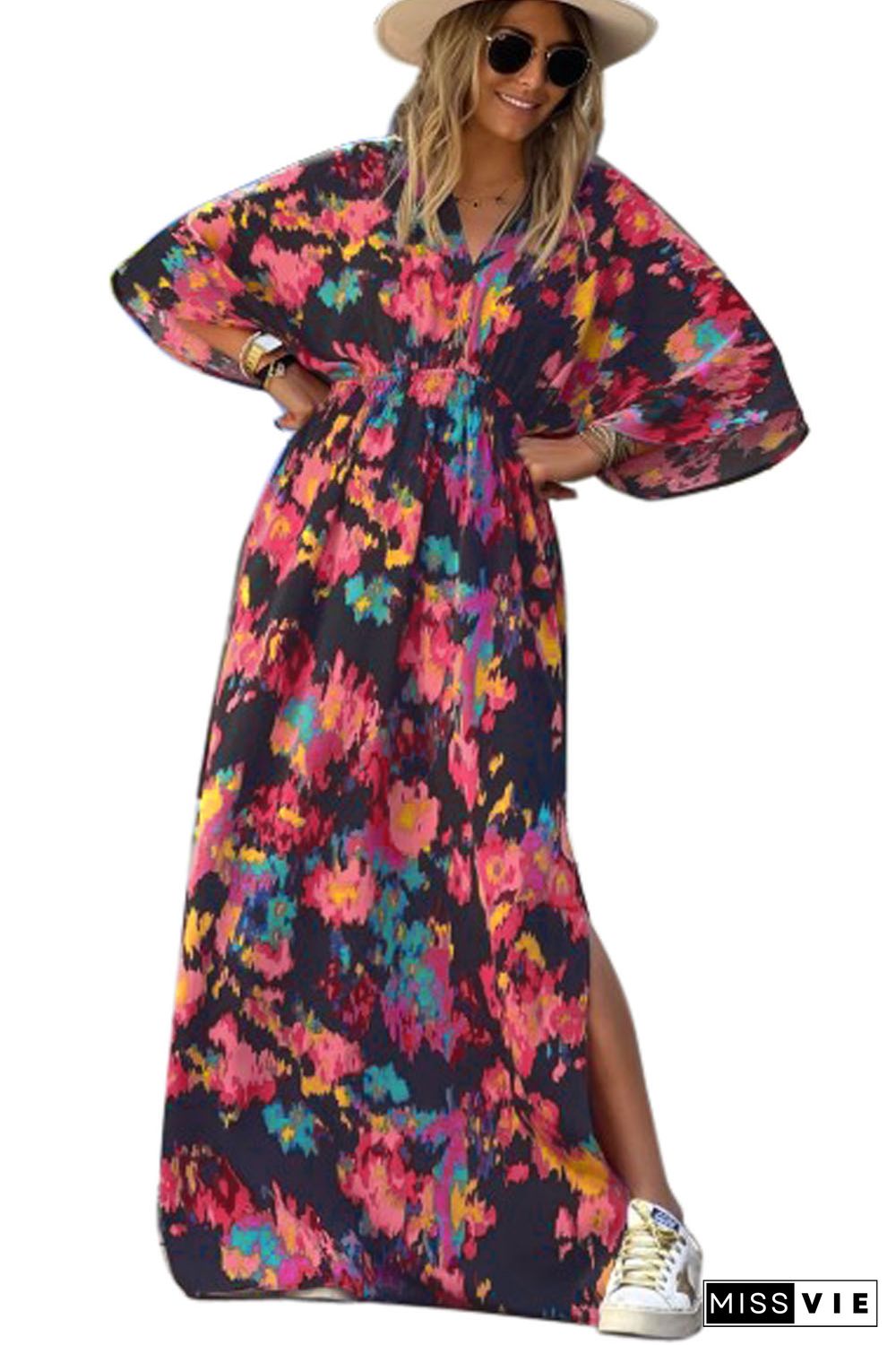 Multicolor Abstract Print V Neck Dolman High Waist Maxi Dress