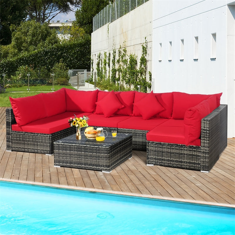 7 Pcs Rattan Patio Sectional Couch Set Outdoor Wicker Furniture Set with Cushions & Coffee Table