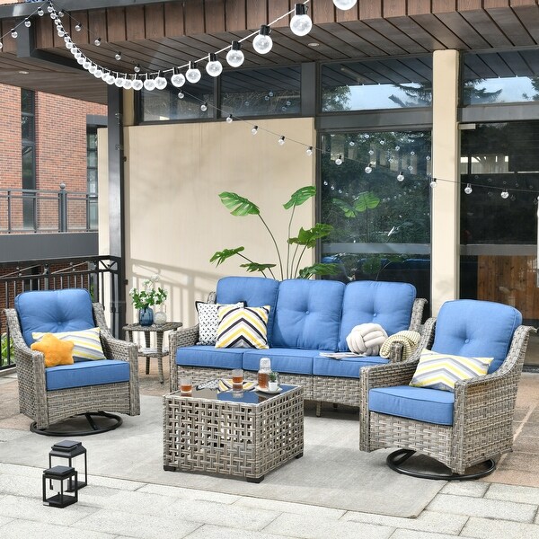 HOOOWOOO 5piece Patio Wicker Furniture Conversation Set with Swivel Chair and Coffee Table