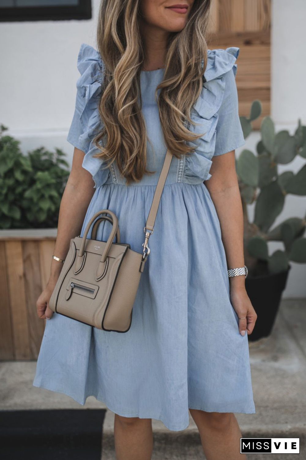 Sky Blue Ruffle Chambray Midi Dress