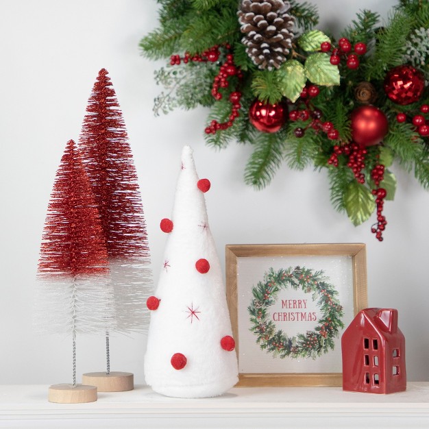 White Plush Christmas Cone Tree With Red Pompom Ornaments