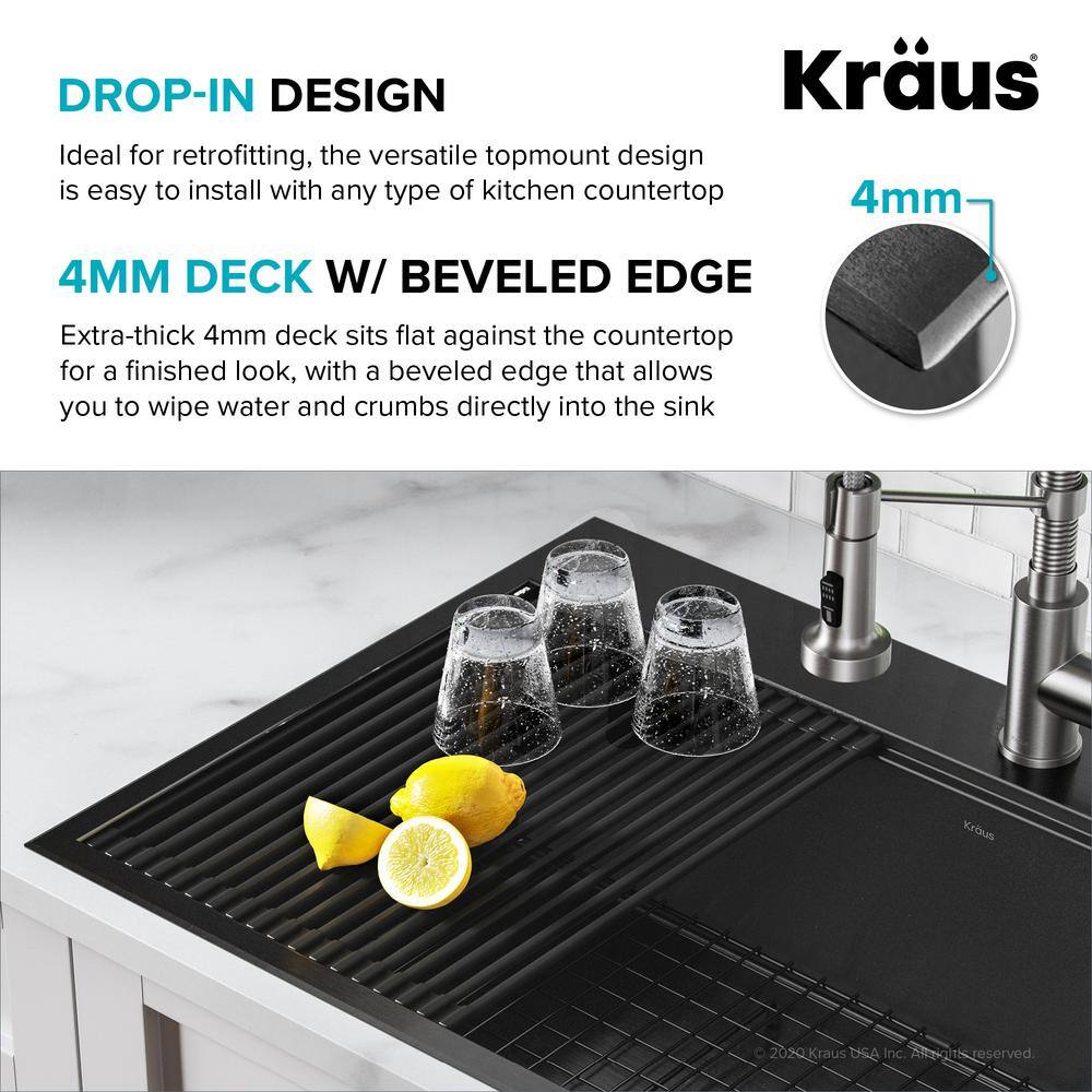 KRAUS Kore 16-Gauge Black Stainless Steel 33 in. Single Bowl Drop-In Workstation Kitchen Sink with Accessories KWT310-33PGM