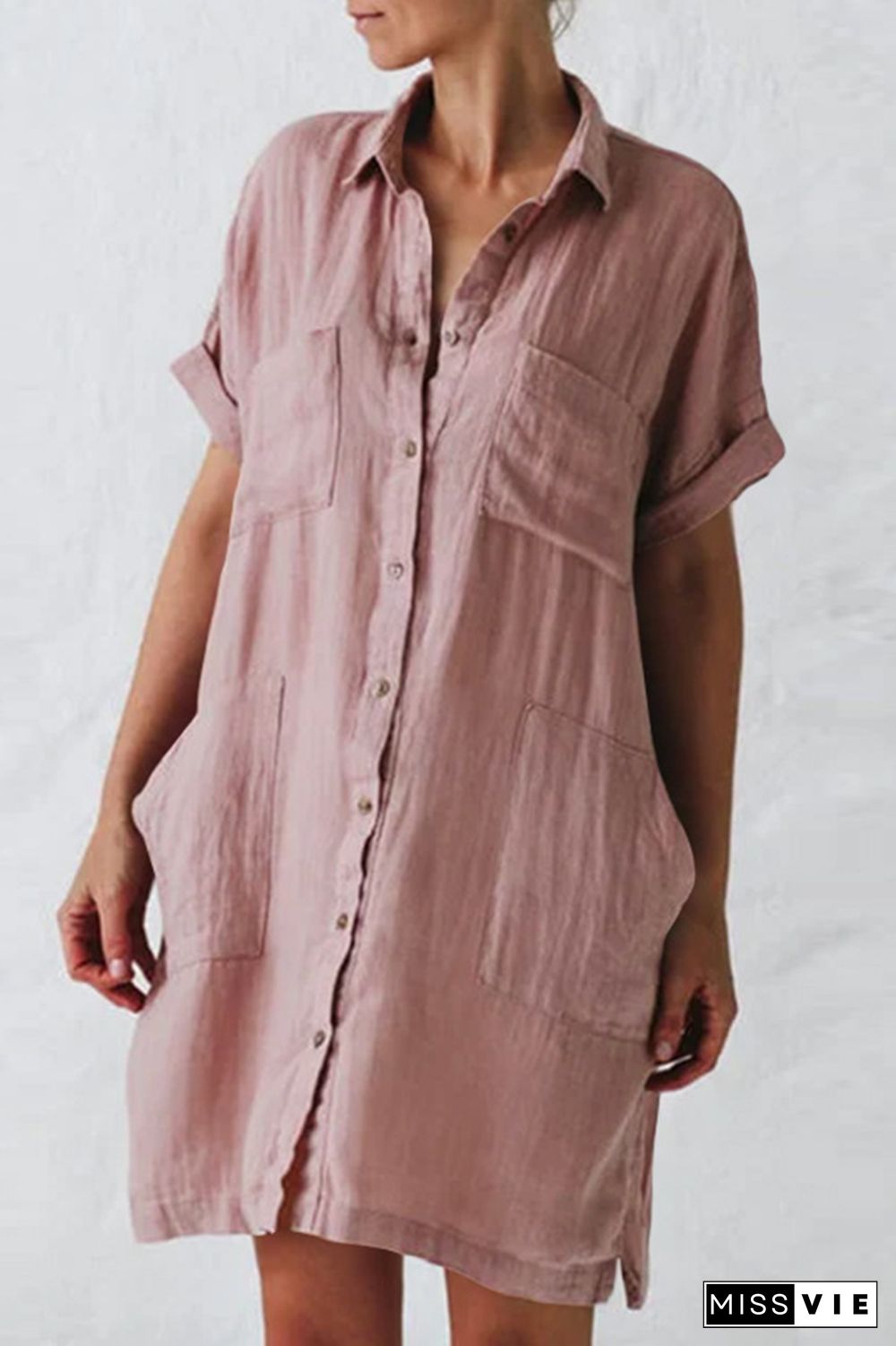 Casual Solid Split Joint Turndown Collar Shirt Dress Dresses(4 colors)