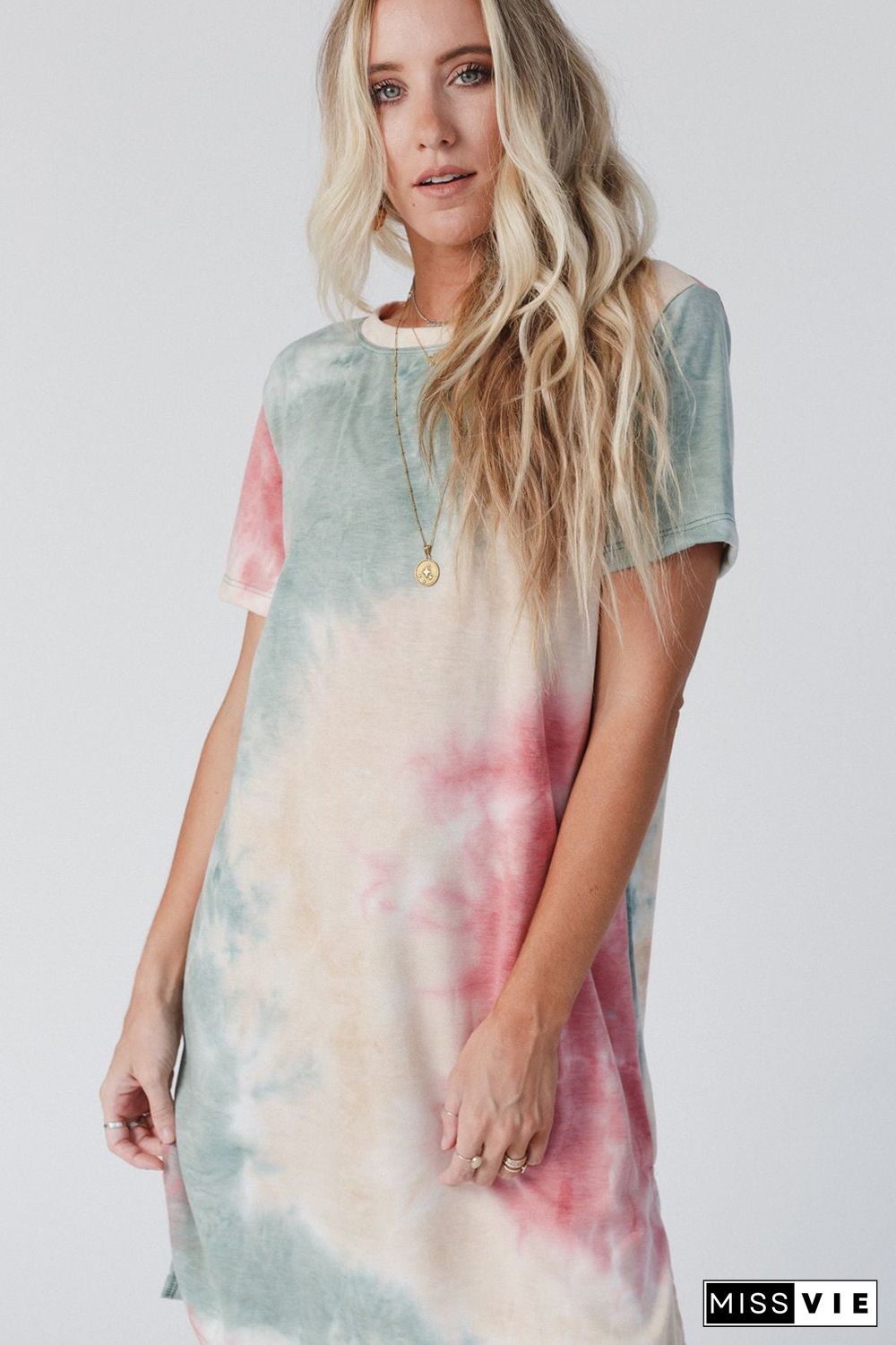 Multicolor Tie Dye Oversized Slit Tee Dress