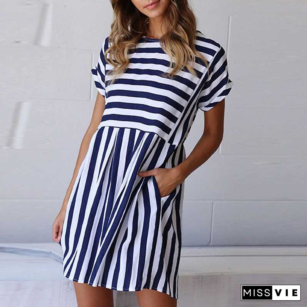 Slimming High Waisted Striped Short Sleeve Swing Dress