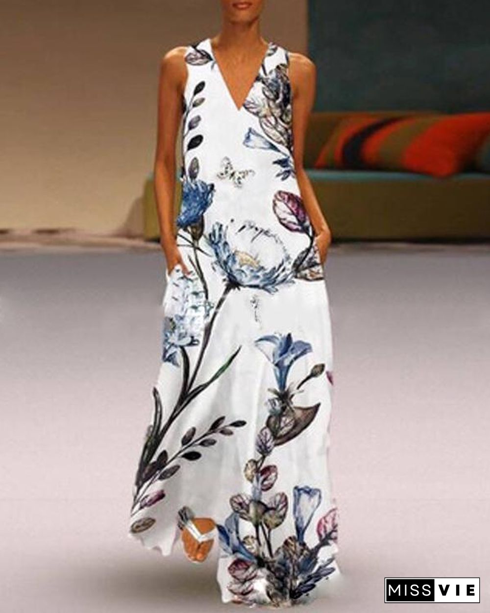 V Neck Casual Sleeveless Floral Printed Maxi Dresses