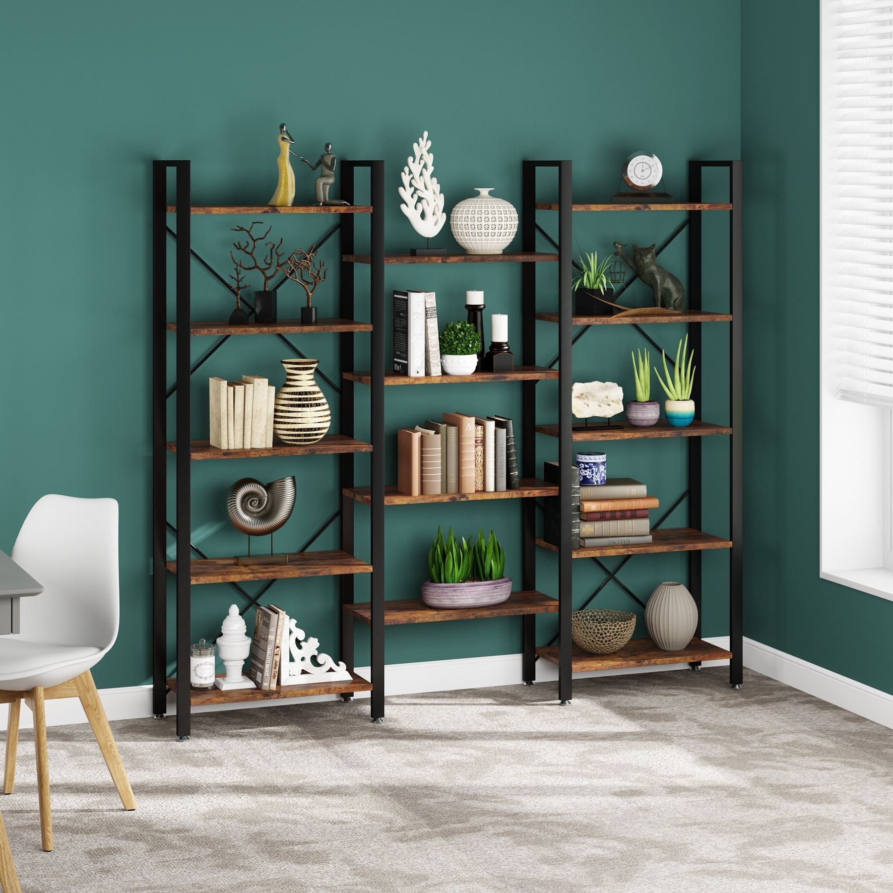 70 Bookshelf, Triple Wide Etagere Bookcase Open Display Shelf