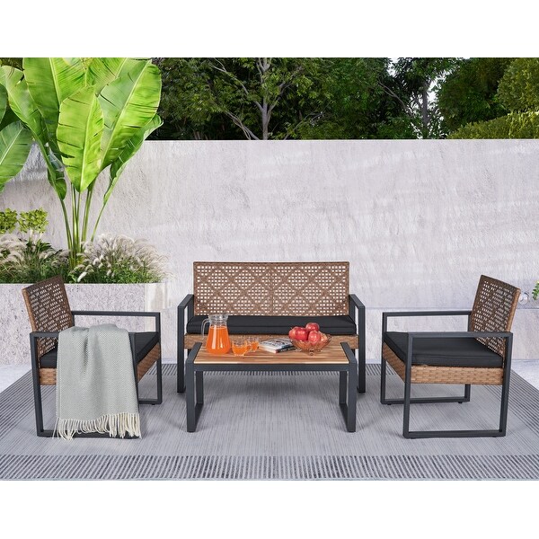 4Piece Acacia Wood Table Top Patio Furniture Conversation Set for Balcony Porch Garden Backyard Lawn