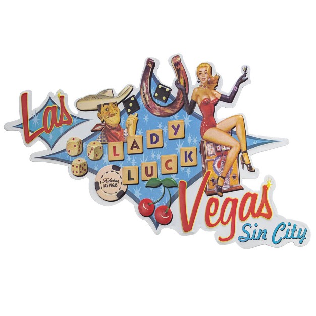 X 12 5 quot Las Vegas Lady Luck Embossed Metal Sign Sky Blue red American Art Decor