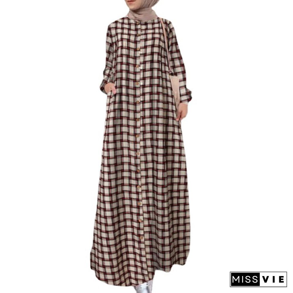 Ethnic Long Sleeve Loose Cardigan Temperament Plaid Cotton and Hemp Long Dress Linen Dresses