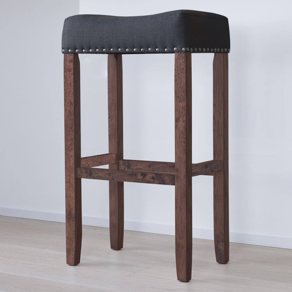 Nathan James Hylie 29 in. Dark Brown Nailhead Wood Pub Counter Bar Height Stool Black Fabric Cushion Set of 4 21405-4