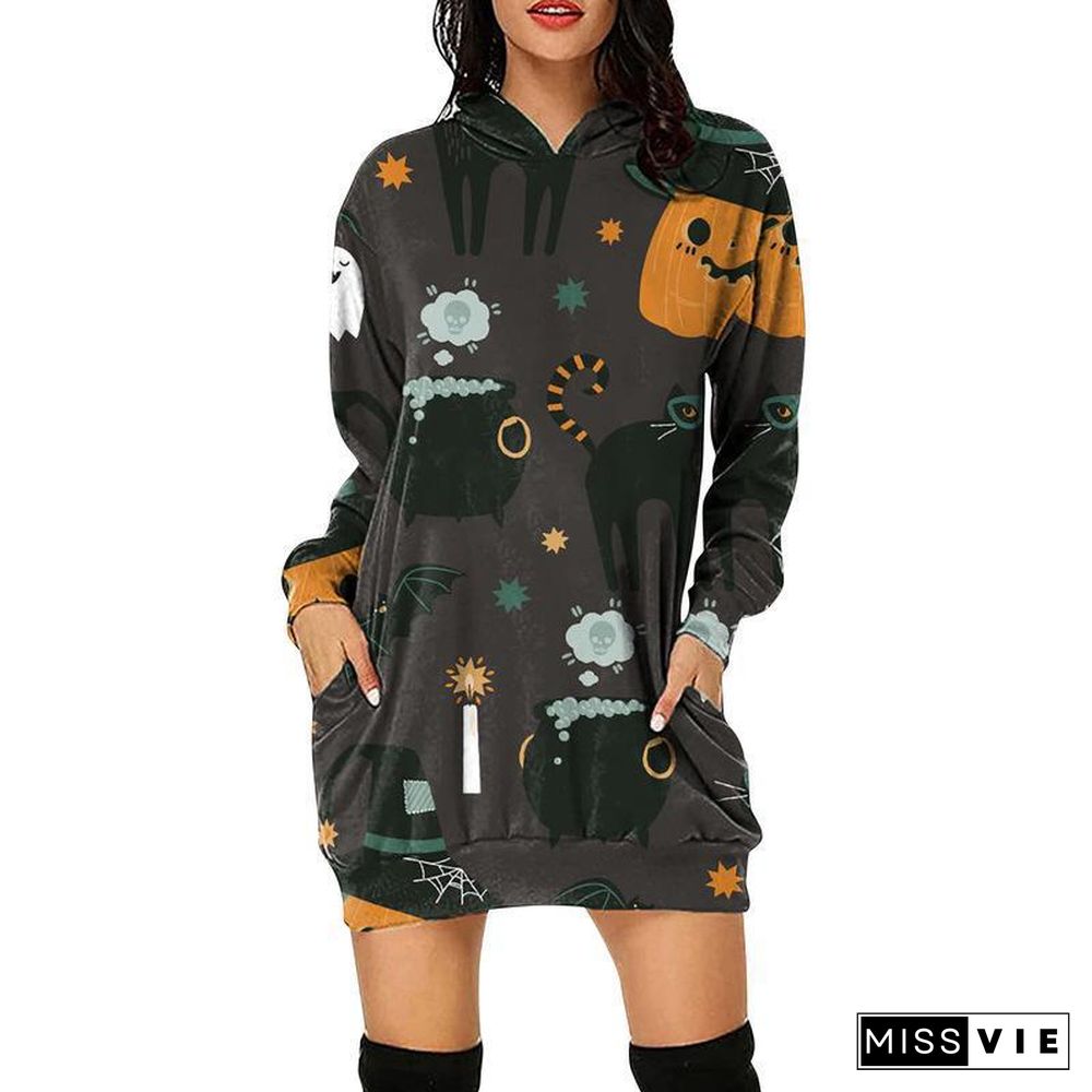 Casual Long Sleeve Graphic Print Hoodie Sweatshirt Mini Dress