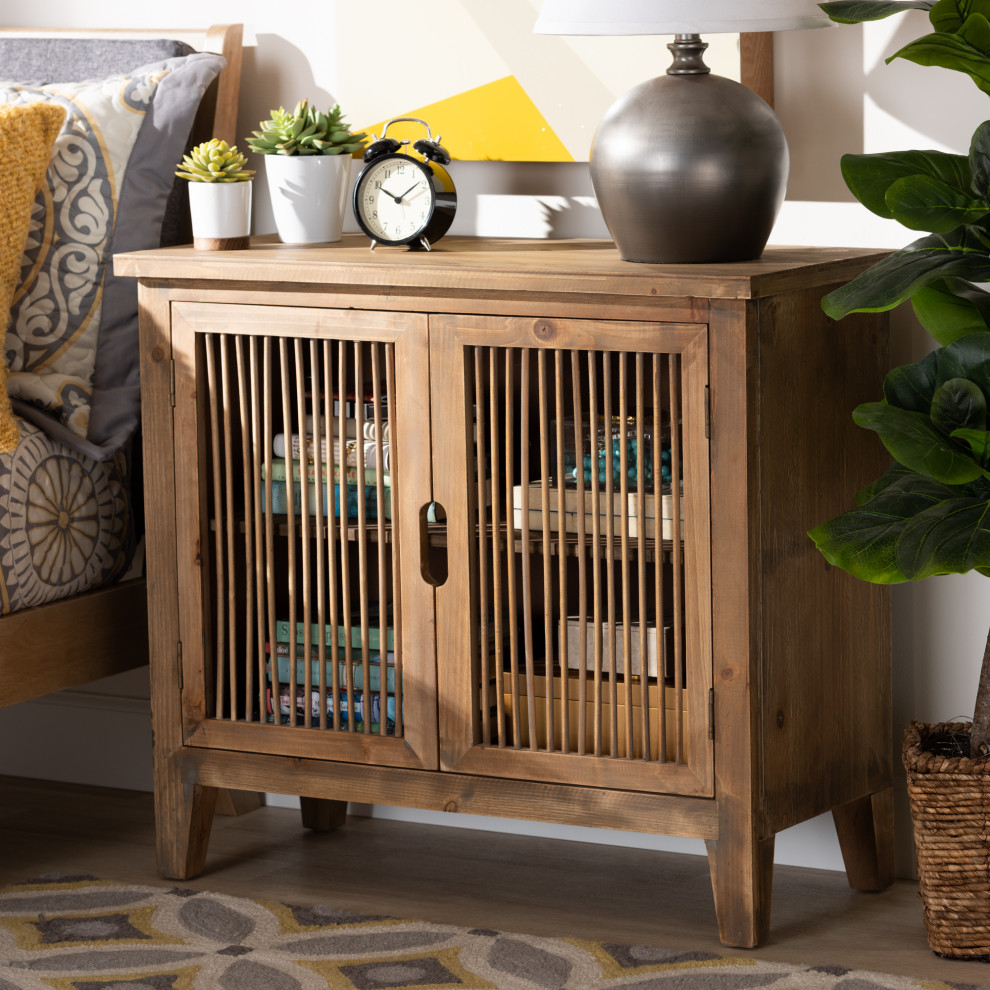 Kors Rustic Transitional Medium Oak 2 Door Wood Spindle Accent Storage Cabinet   Transitional   Accent Chests And Cabinets   by Baxton Studio  Houzz