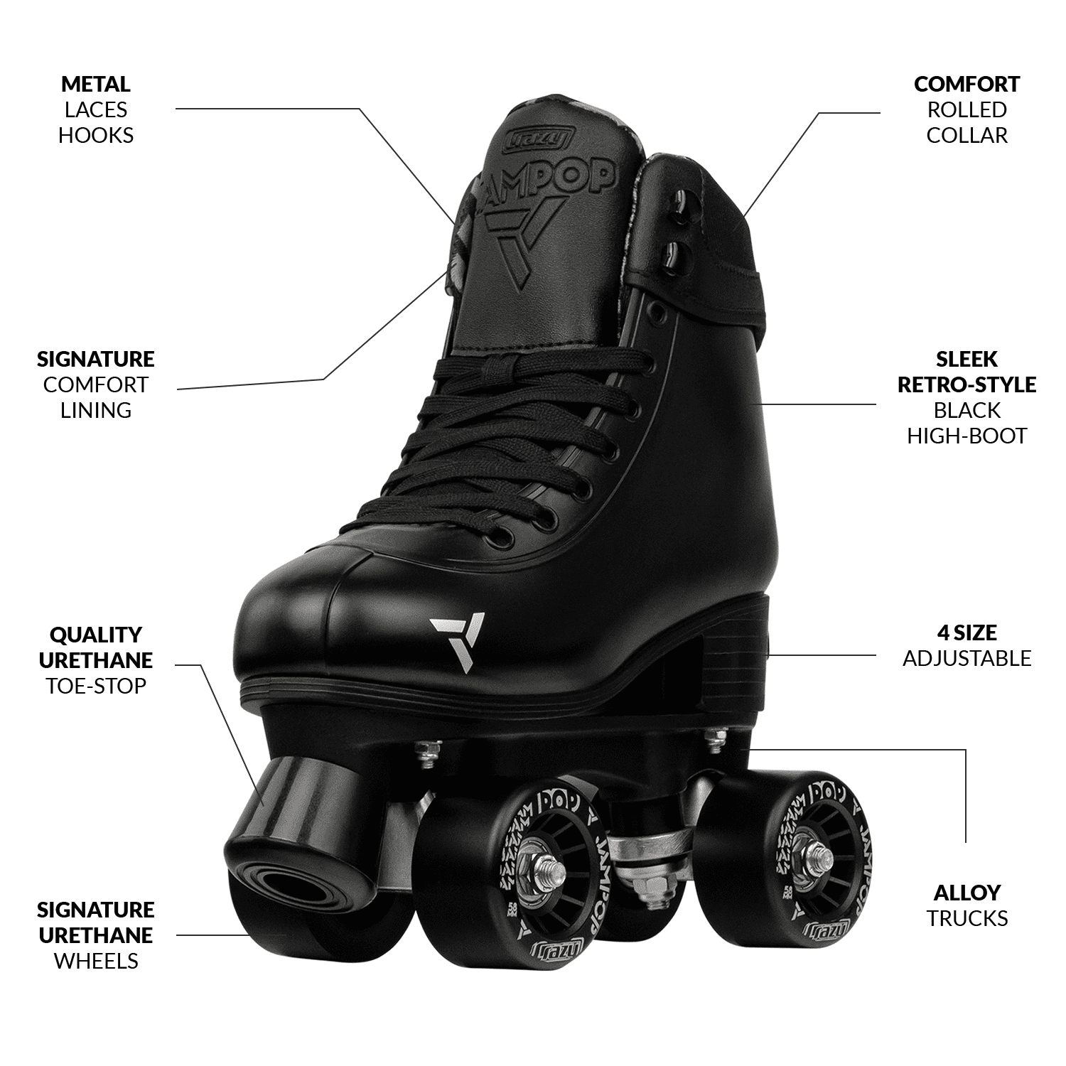 Crazy Skates Adjustable Roller Skates for Boys and Girls - Jam Pop Series - Size Adjustable to Fit 4 Sizes