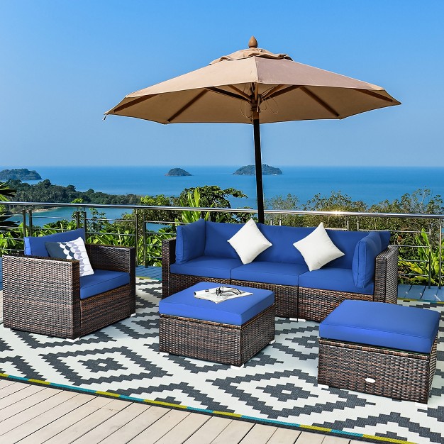 Costway 6pcs Patio Rattan Furniture Set Sofa Coffee Table Ottoman Navy