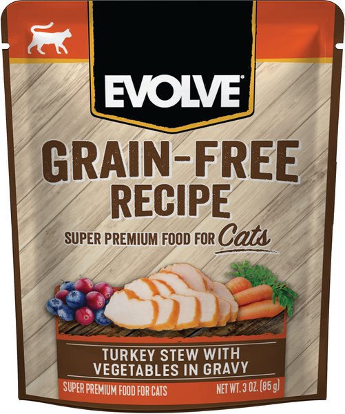 Evolve Turkey Stew with Vegetables in Gravy Grain-Free Wet Pouch Cat Food， 3-oz pouch， case of 24