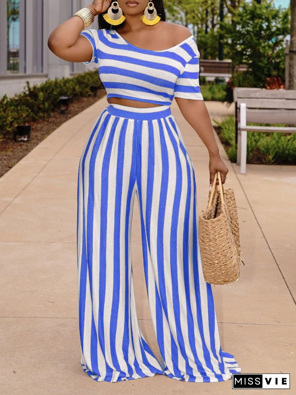 Women'S Sets Striped Crop Top & Wide Leg Pants Two-Piece Set