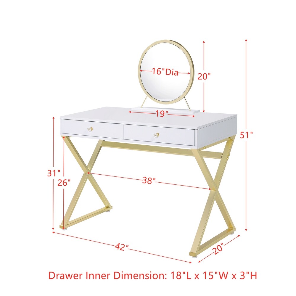 Gold Finish Vanity Desk with Mirror and Jewelry Tray