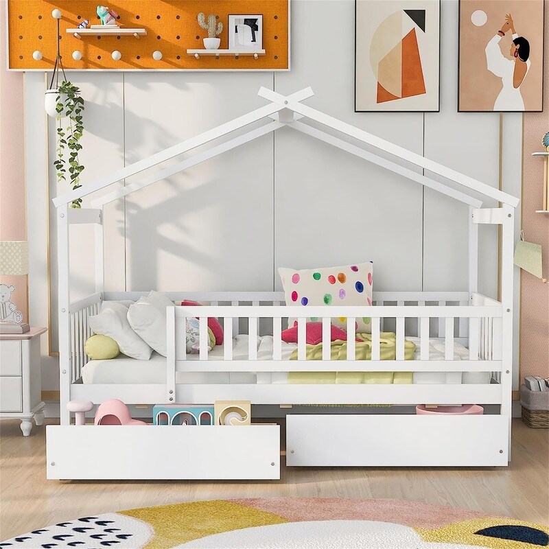 Twin House Bed with 2 Storage Drawers Rails and Roof for Kids