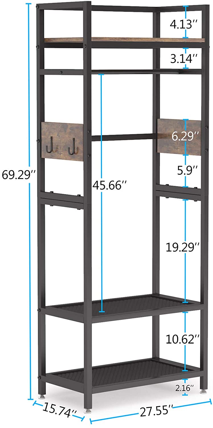 Tribesigns Rustic Hall Tree， Entryway Clothes Rack with with shoe storage Hanging Bar and Hooks for Bedroom