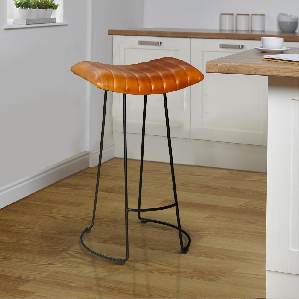 Industrial Barstool with Curved Leatherette Seat and Tubular Frame， Tan Brown and Black - 18 L X 18 W X 30 H Inches