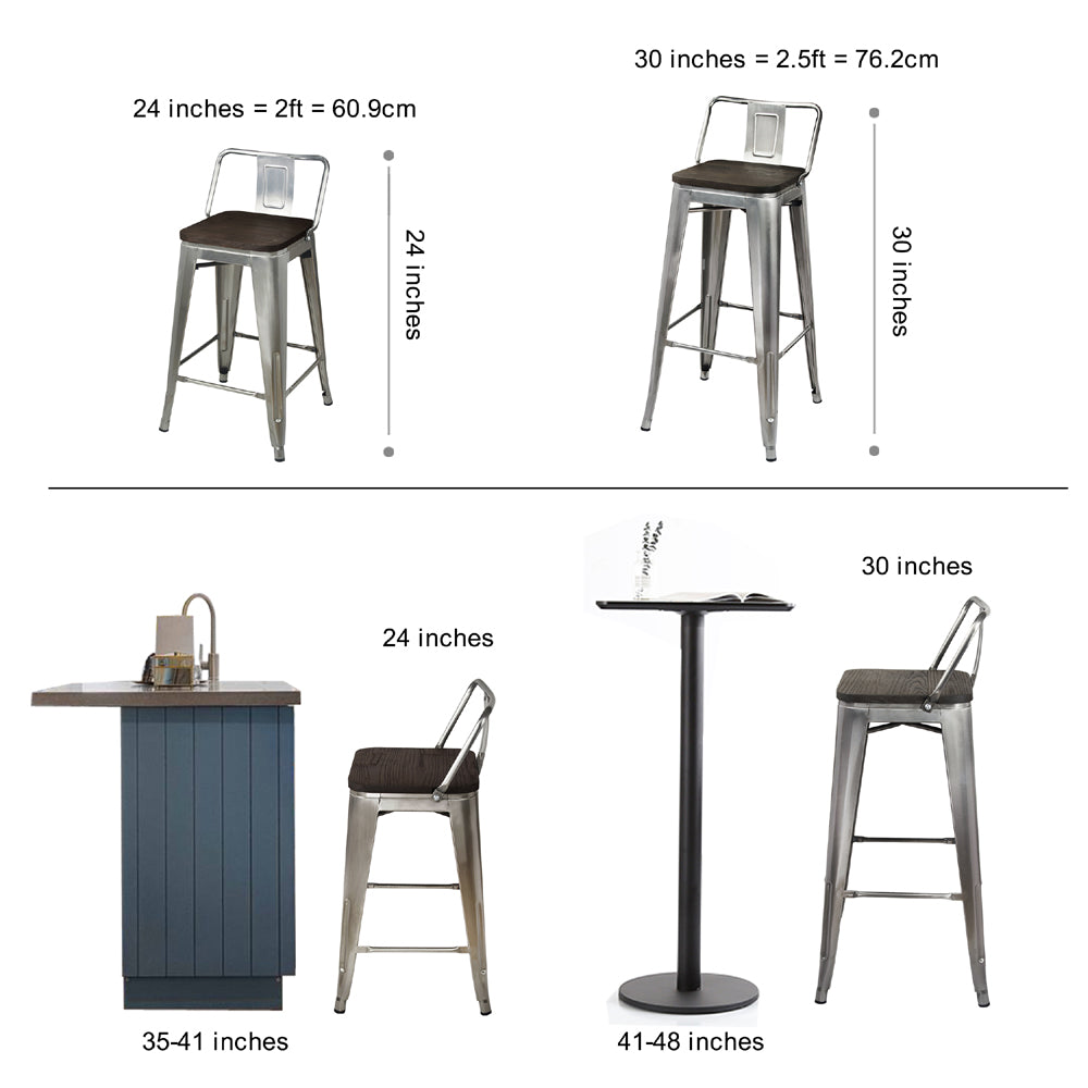 GIA Design Group 24 Inch Counter Height Low Back Metal Stools with Dark Wood Seat， Gunmetal， Set of 4