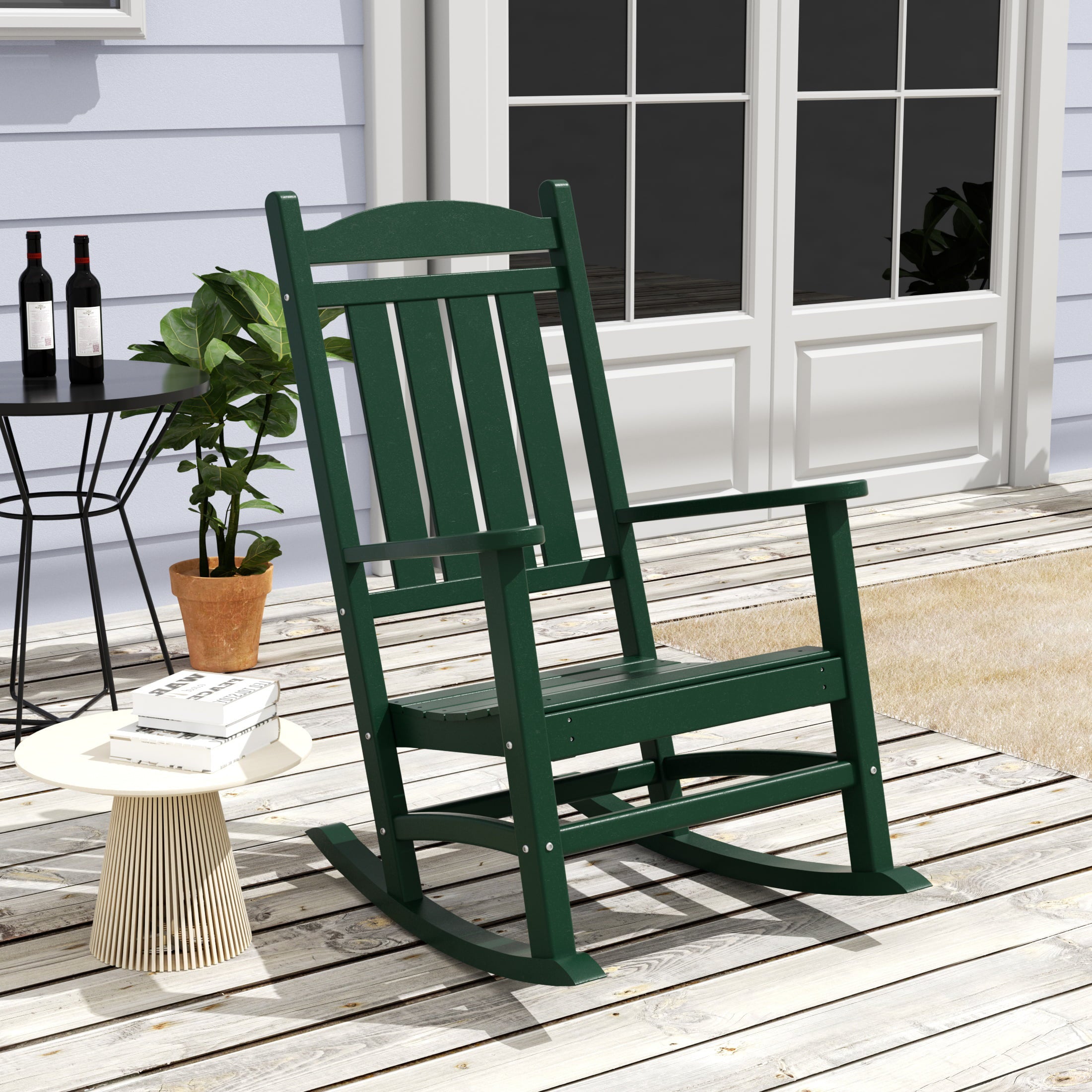 WestinTrends Malibu Outdoor Rocking Chair Set of 2, All Weather Poly Lumber Adirondack Rocker Chair with High Back, 350 Lbs Support Patio Rocking Chair for Porch Deck Garden Lawn, Dark Green