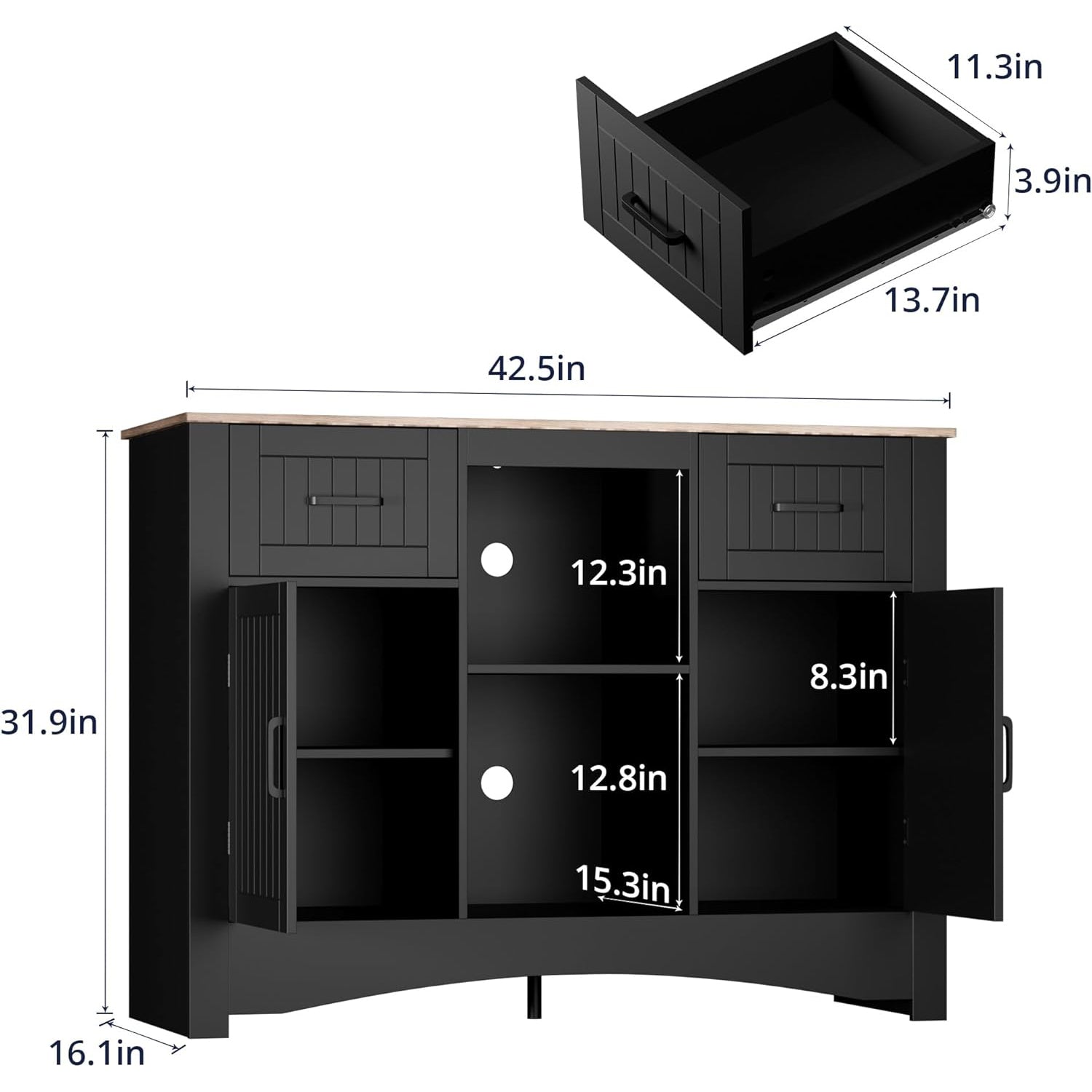 Buffet Storage Cabinet 42.5 inches Kitchen Buffet Table Sideboard with Adjustable Shelves, Accent Coffee Bar Cabinet