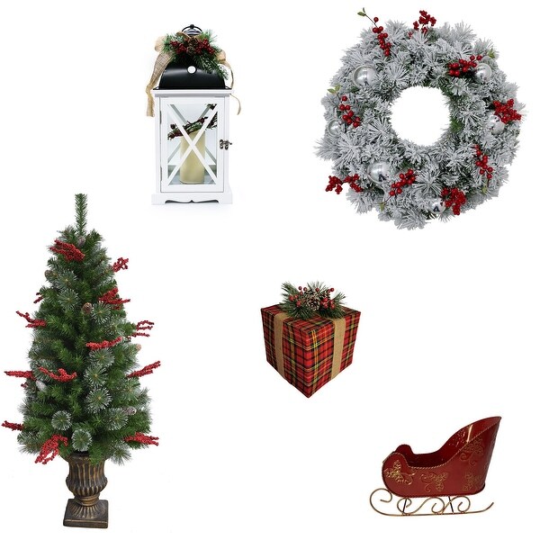 Fraser Hill Farm Tartan Christmas 5Piece Decorating Kit: Wreath，Frosted Tree，Lit Lantern，Sleigh，Gift Box