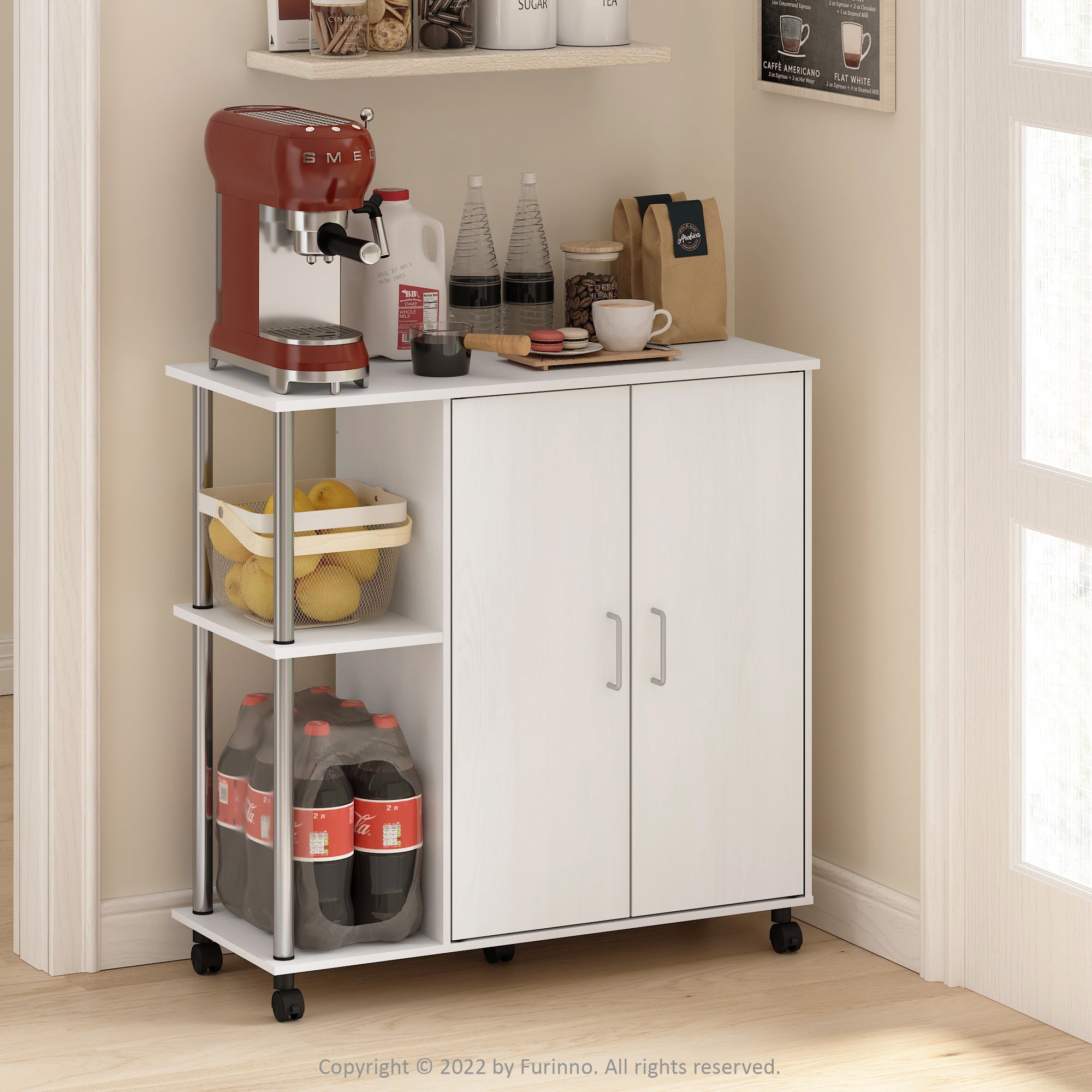 Furinno Helena 3-Tier Utility Kitchen Island and Storage Cart on wheels with Stainless Steel Tubes， White Oak/Chrome