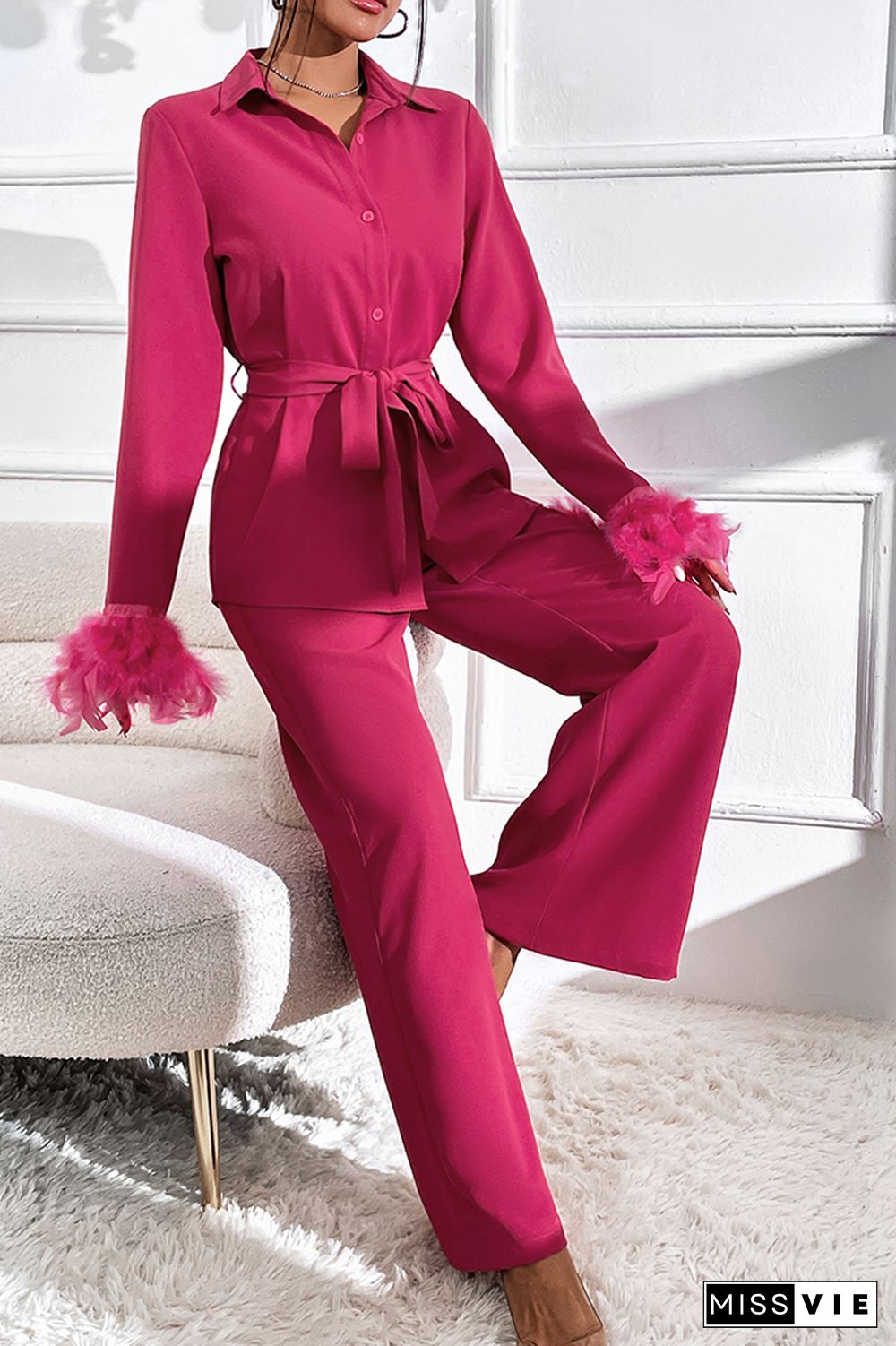 Rosy Suit Top and Wide Leg Pants Two Pieces Set