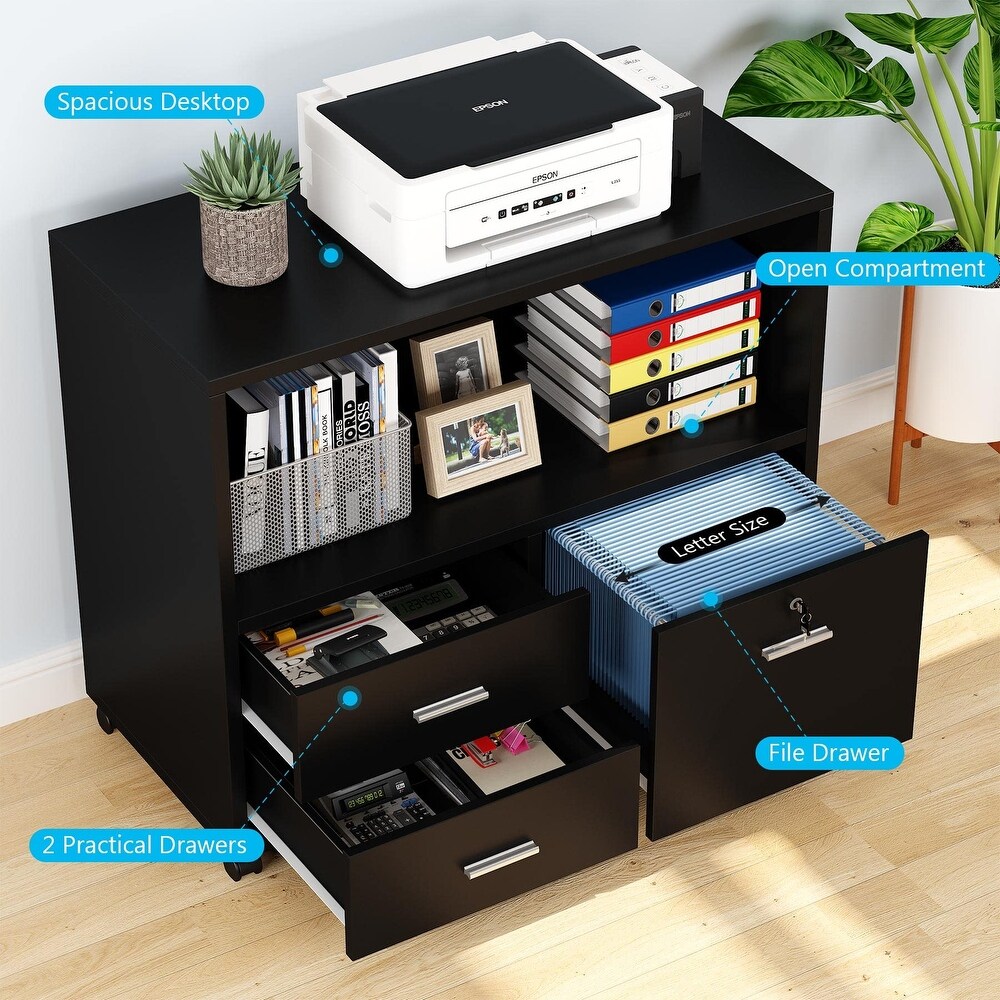 3 Drawer File Cabinet with Lock  Mobile Lateral Filing Cabinet with Rolling Wheels  Printer Stand with Open Storage Shelves