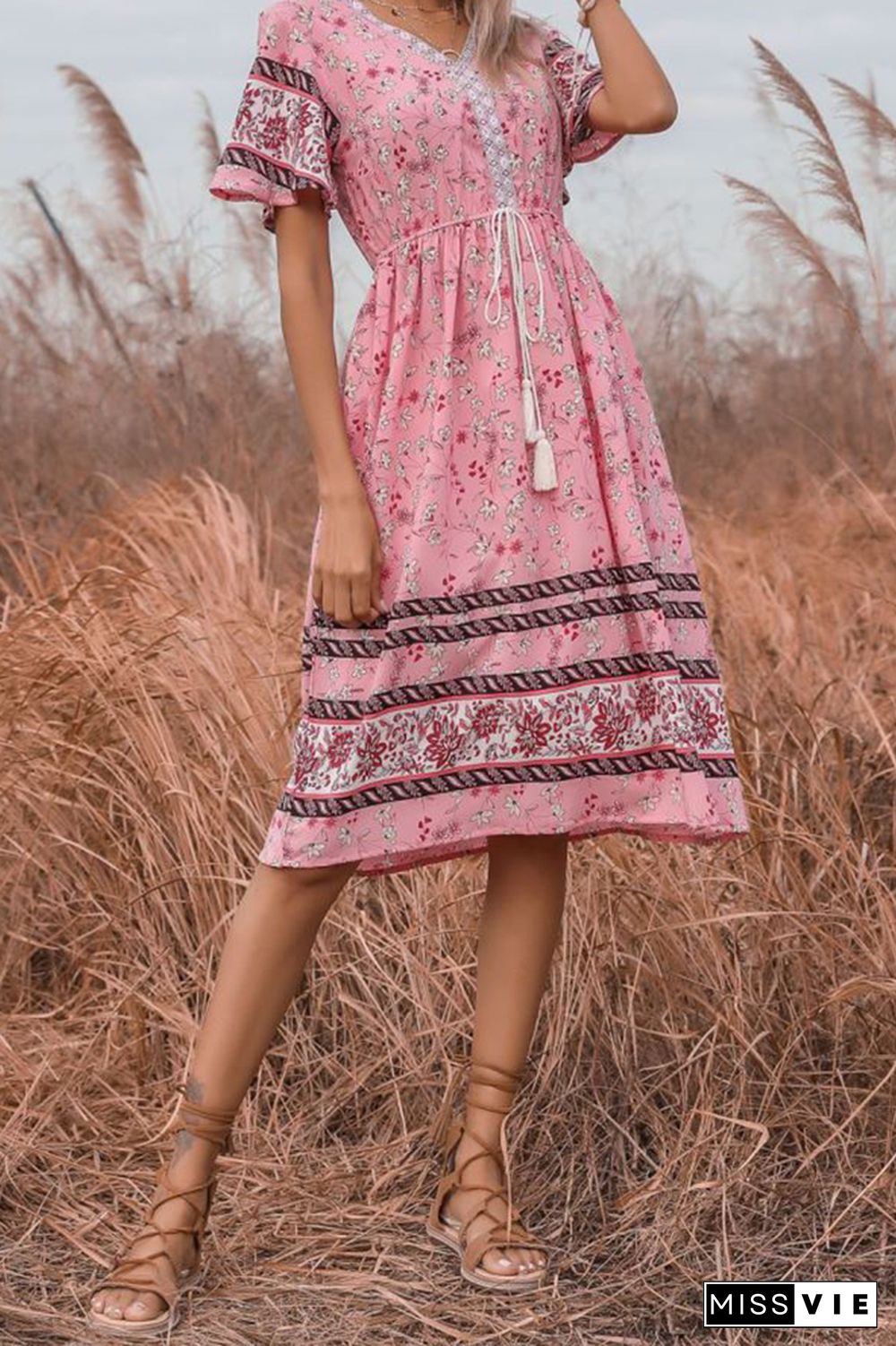 Bohemia Style Pink Floral Print Dress Wholesale