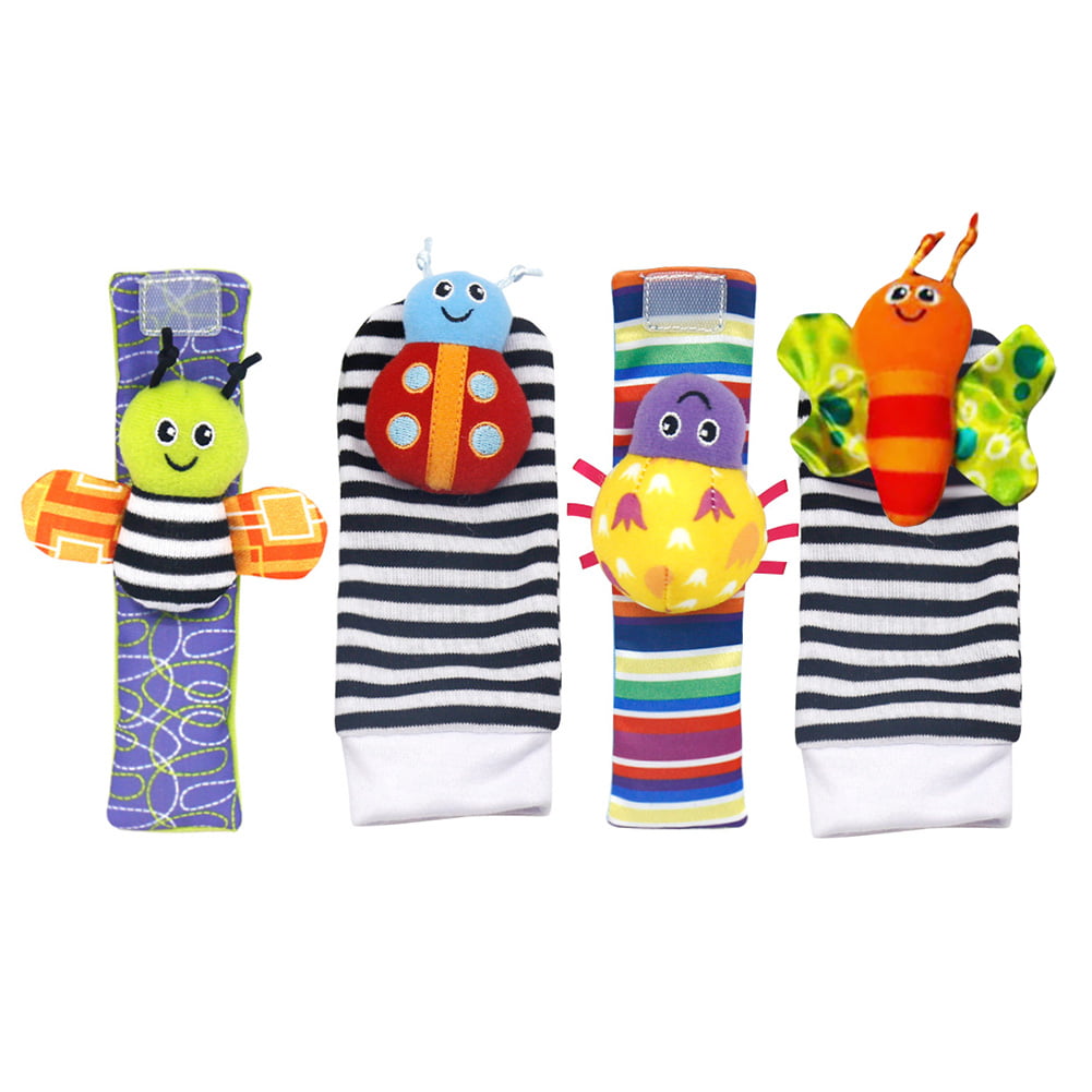 Coolmade Infant and Baby Puzzle Lovely Socks And Wrist Strap Toy Cartoon Animal Shaped Wrist Rattles Foot Socks Toys 4 pcs