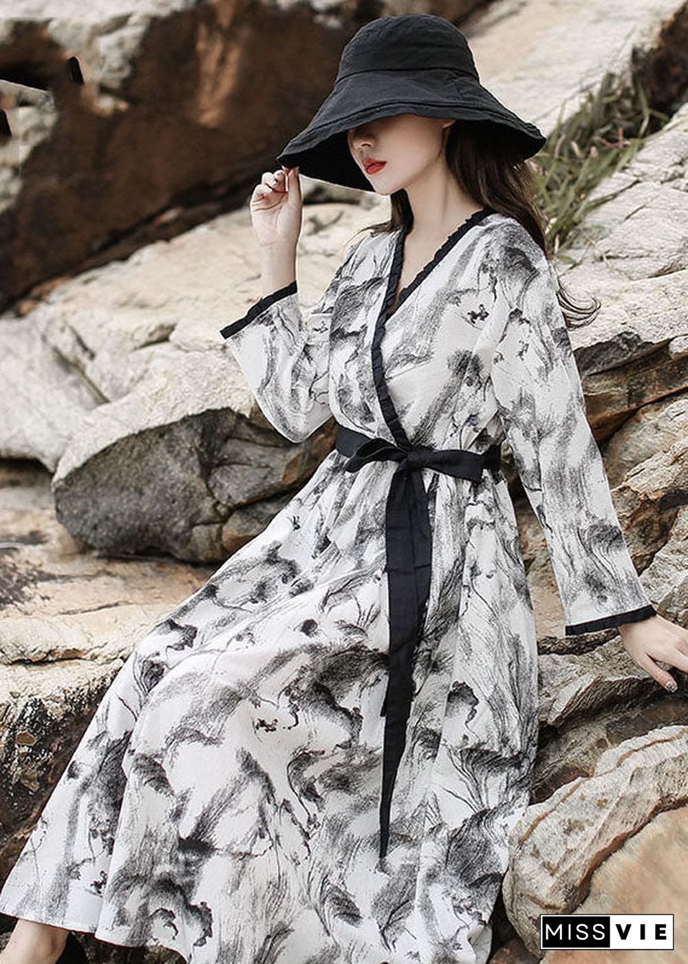 diy White V Neck Ruffled Print Maxi Dress Long Sleeve