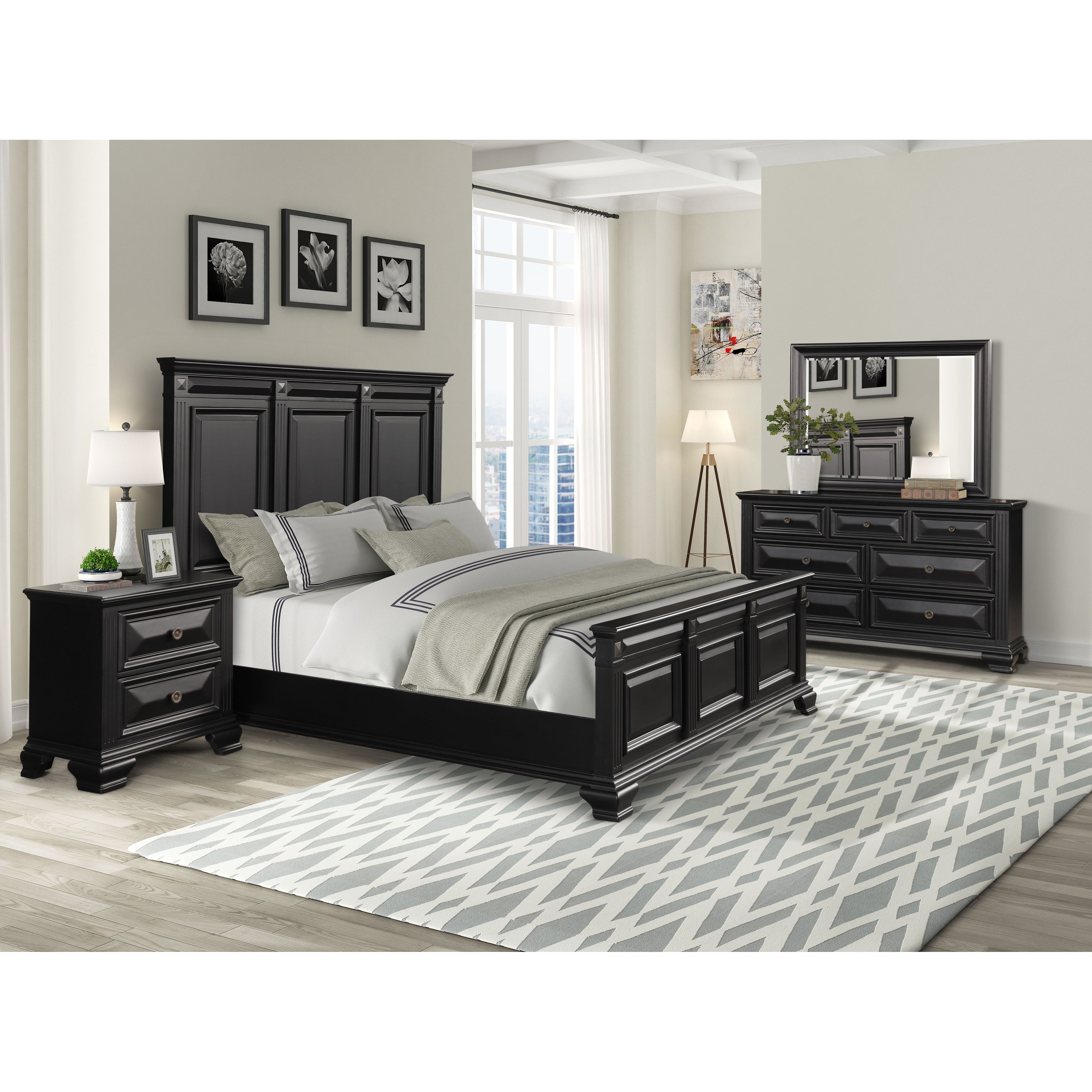 Roundhill Furniture Renova Vintage Black Wood Bedroom Set， Panel Bed， Dresser， Mirror， Two Nightstands - - 31525130