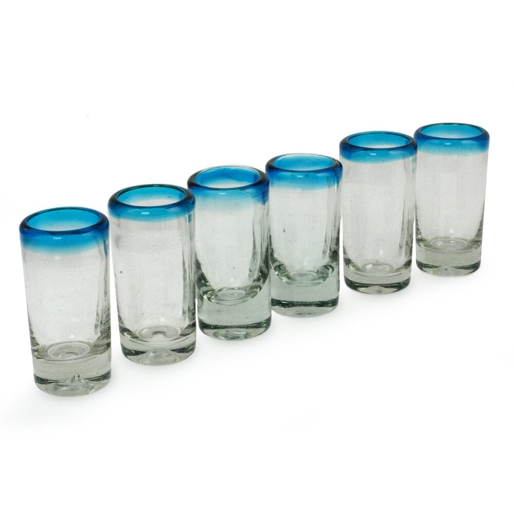 NOVICA Artisan Handblown Glass Shot Glasses Mexican Tequila Clear Blue Mexico Tableware Drinkware 'Aquamarine' (set of 6)