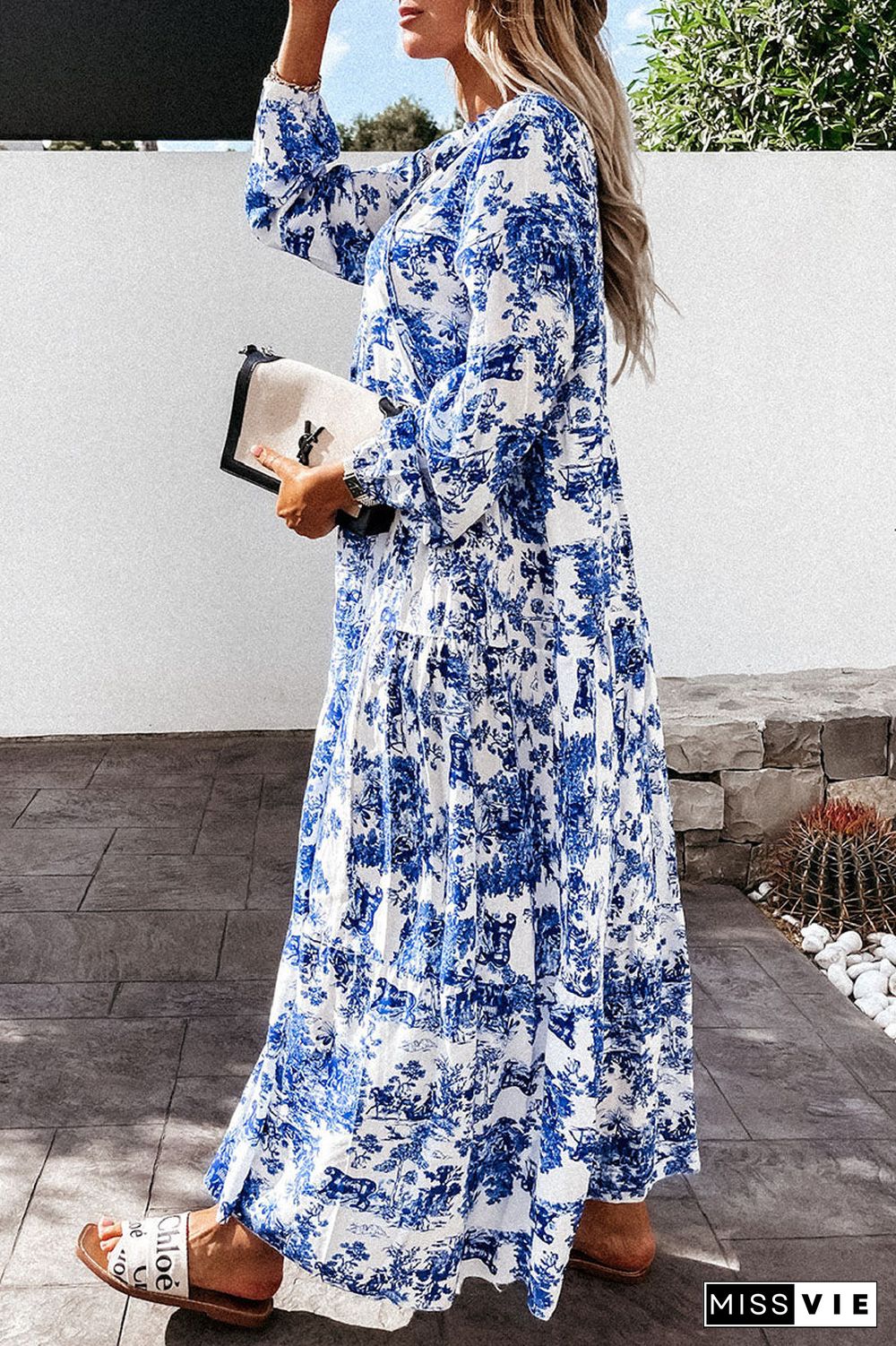 Fashion Elegant Print Split Joint V Neck A Line Dresses